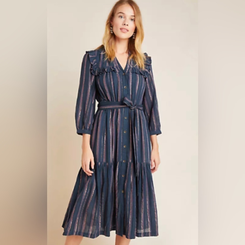 Anthropologie Navy Striped Midi Dress with Metallic Accent